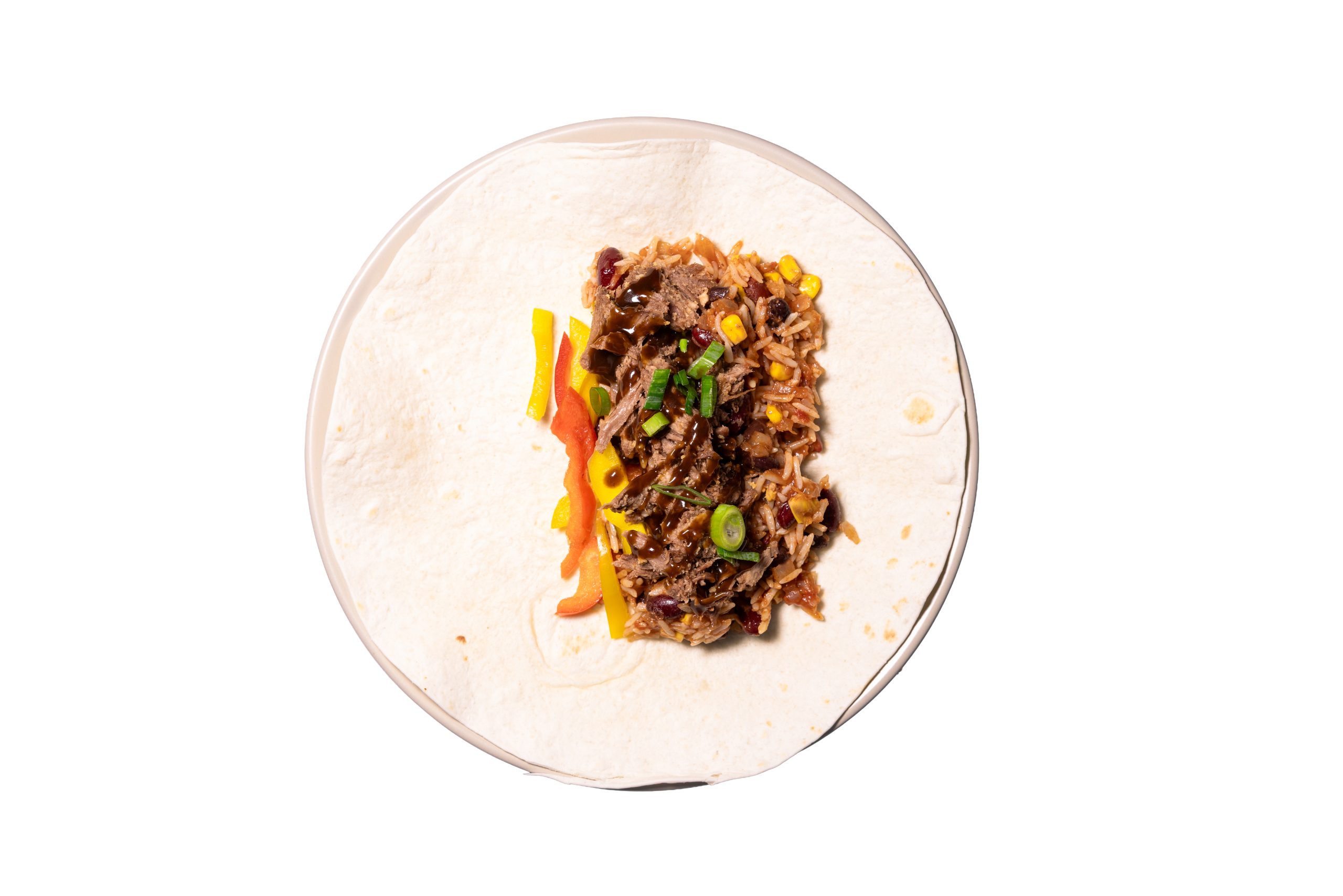 Tortilla met rijst, bonen en pulled beef